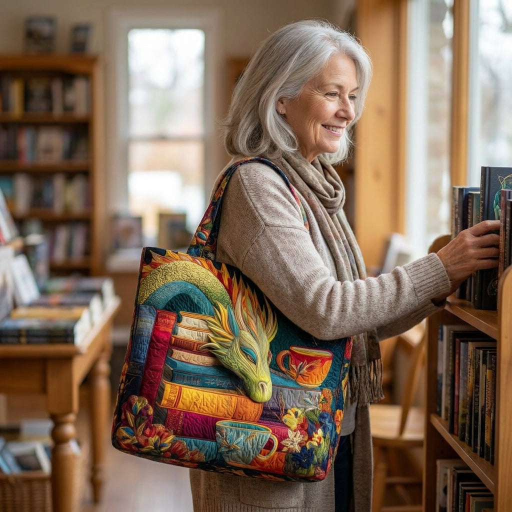 Lezende draak met boeken en mokken — ambachtelijke gewatteerde tas