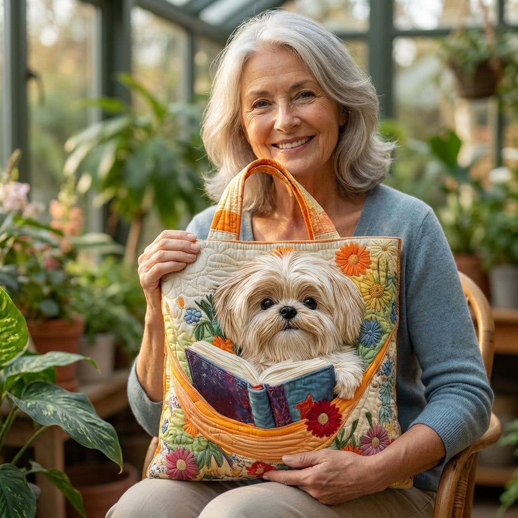 Shih tzu met boeken en bloemen — ambachtelijke gewatteerde tas