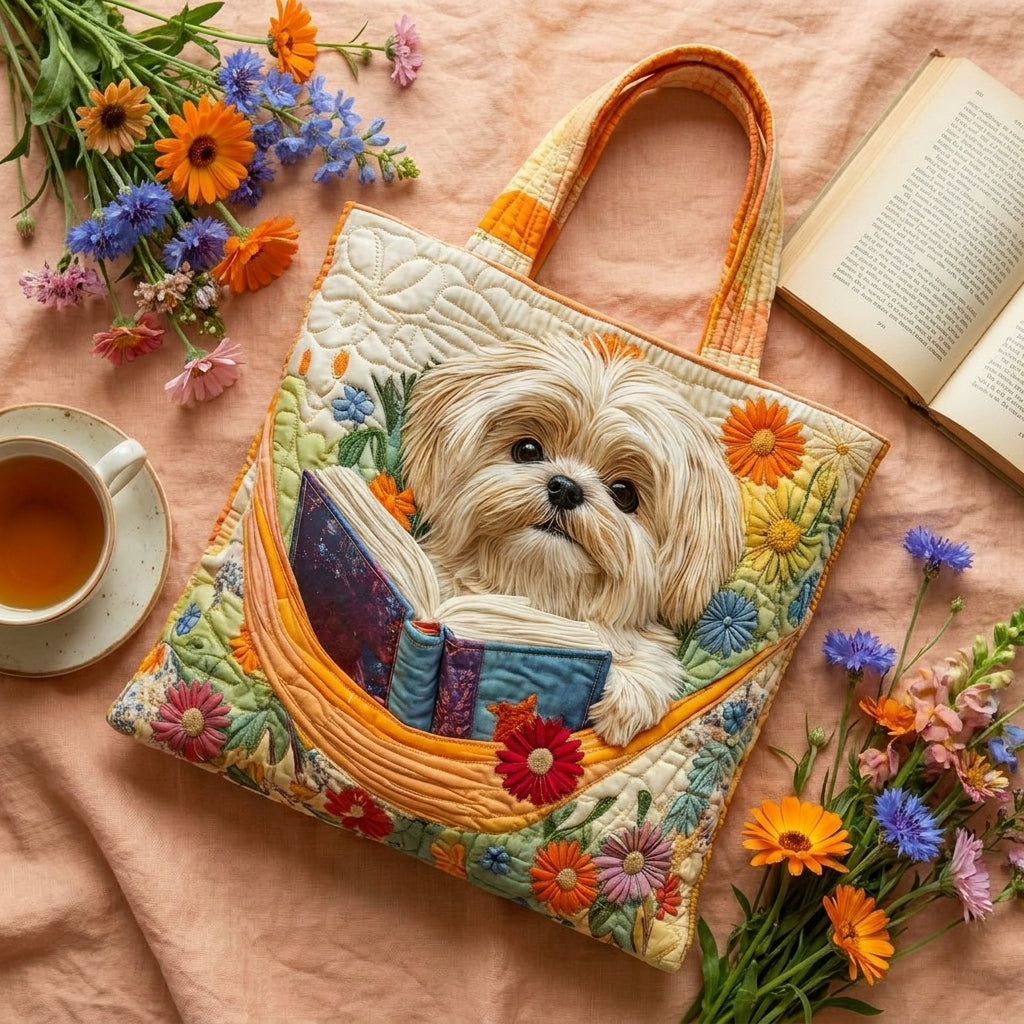 Shih tzu met boeken en bloemen — ambachtelijke gewatteerde tas