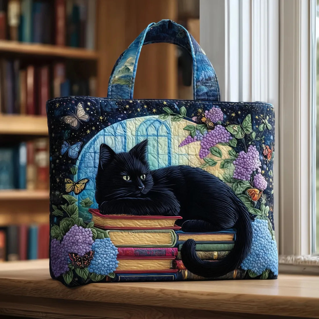 Zwarte kat op boeken — ambachtelijke gewatteerde tas