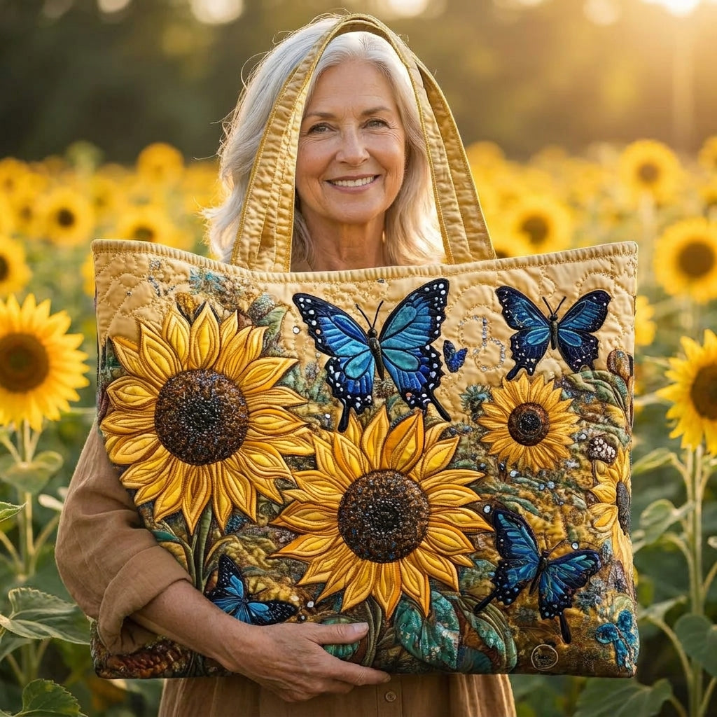 Zonnebloemen en blauwe vlinders — ambachtelijke gewatteerde tas