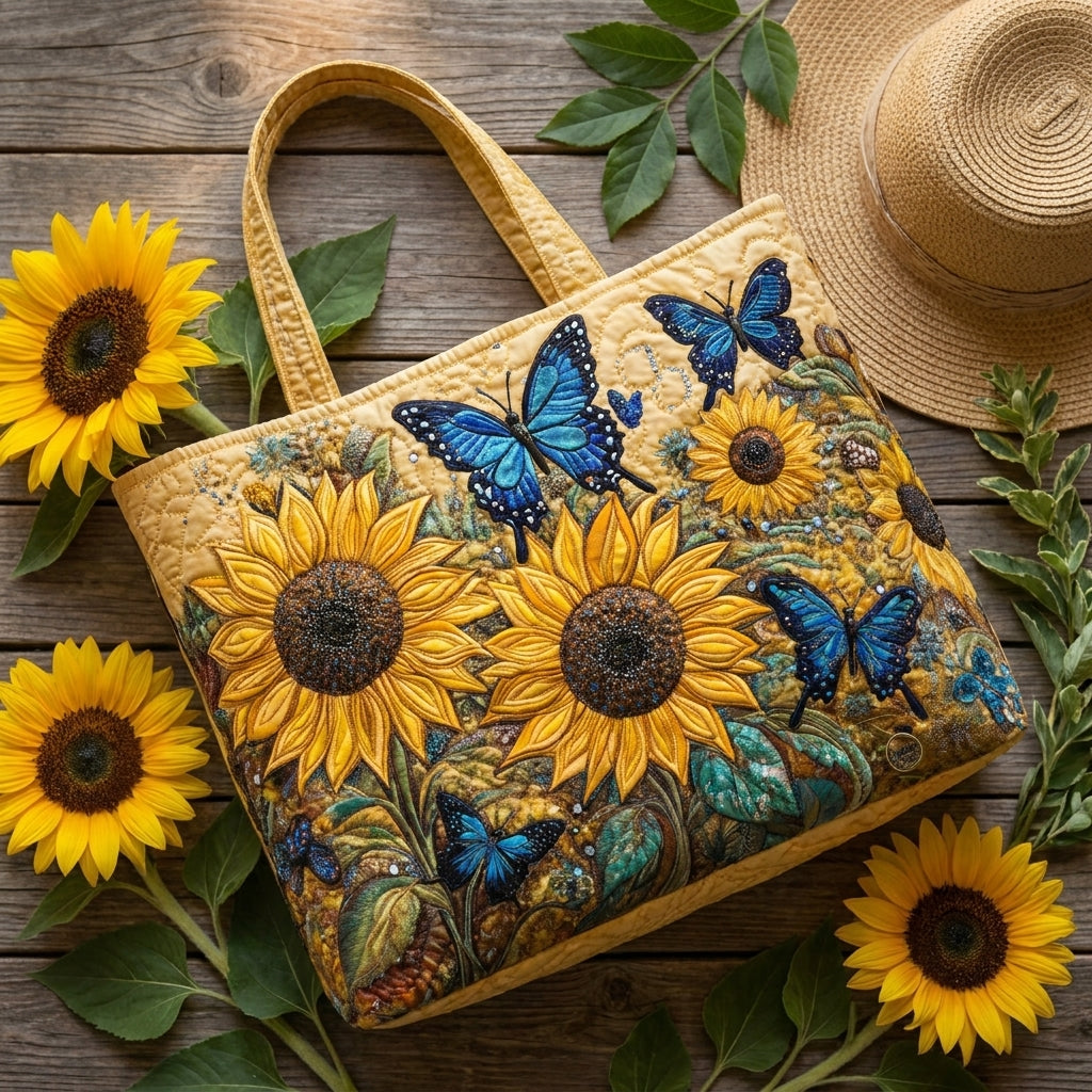 Zonnebloemen en blauwe vlinders — ambachtelijke gewatteerde tas