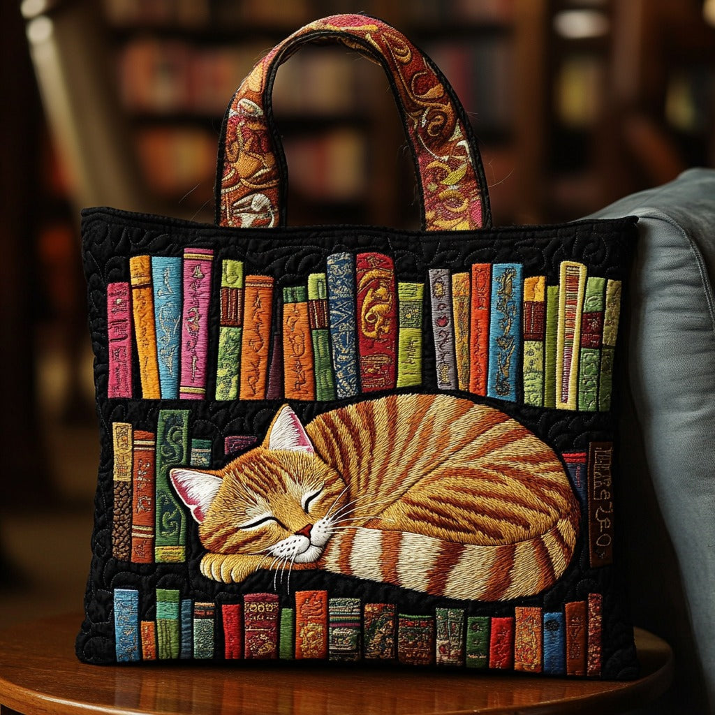 Slapende kat en boeken — gewatteerde shopper