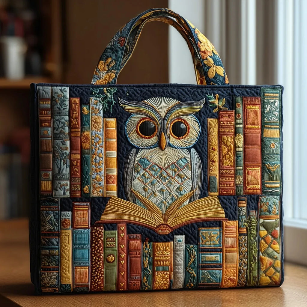 Uil met vintage boeken — ambachtelijke gewatteerde tas
