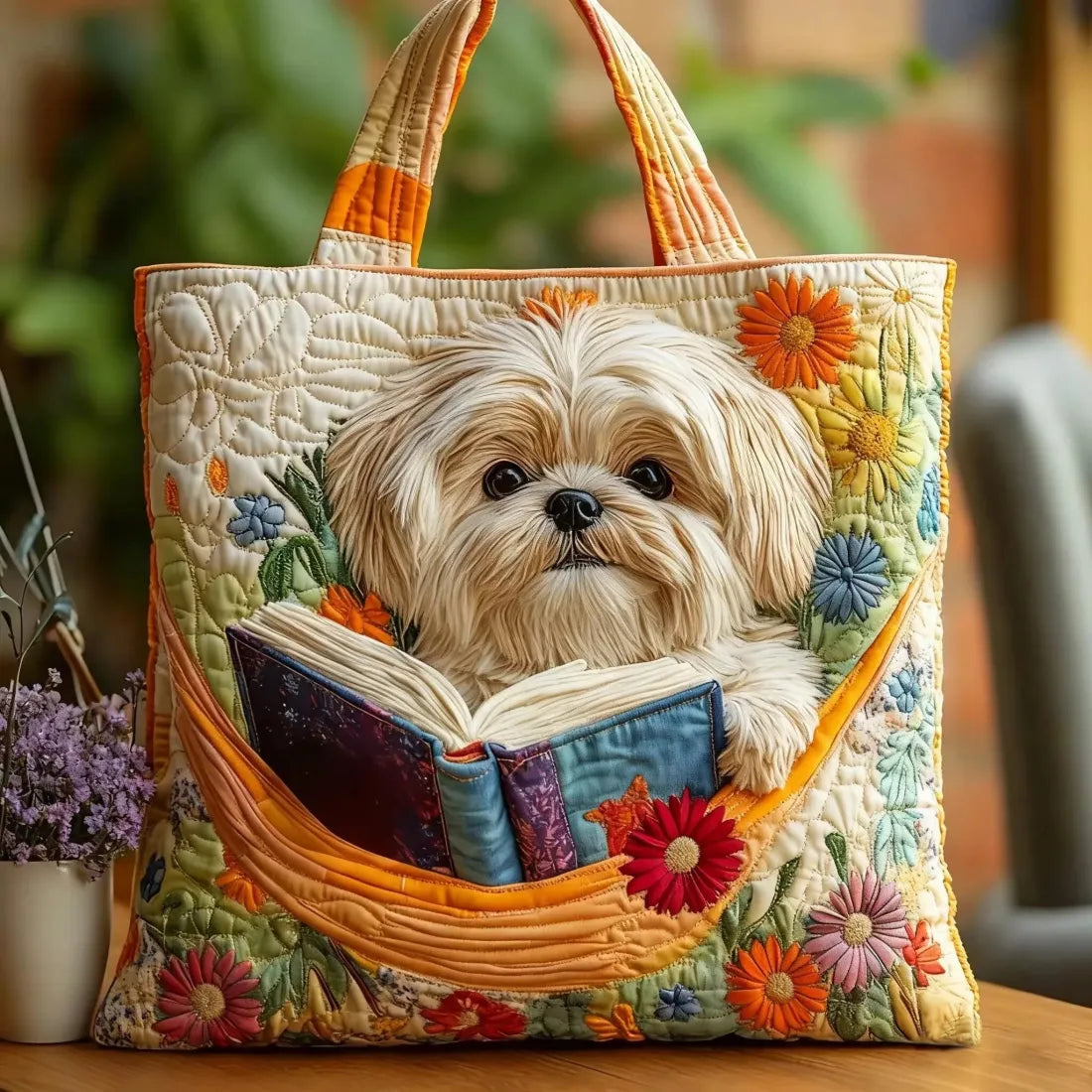 Shih tzu met boeken en bloemen — ambachtelijke gewatteerde tas