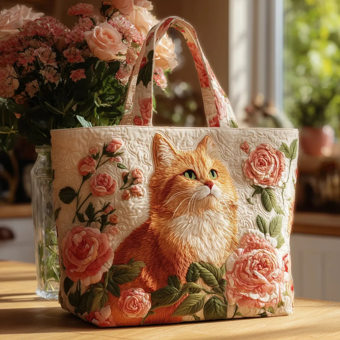Rode kat met rozen — ambachtelijke gewatteerde tas