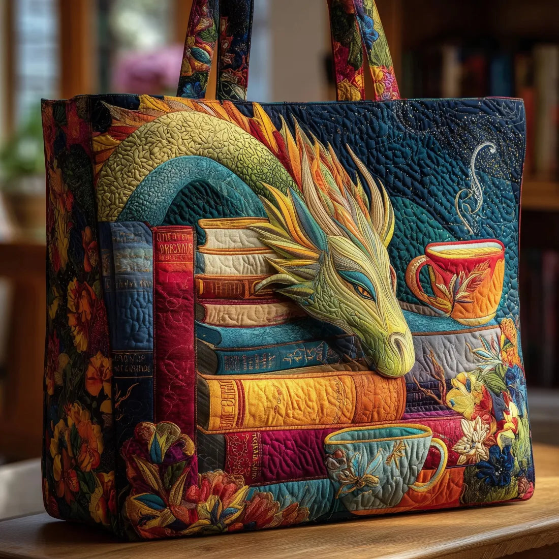 Lezende draak met boeken en mokken — ambachtelijke gewatteerde tas