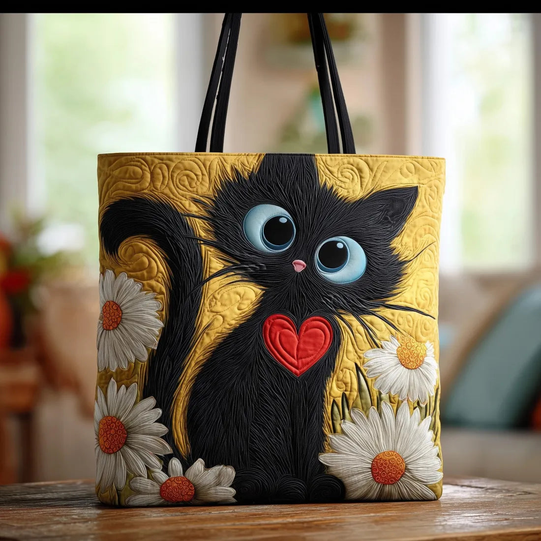 Zwarte kat met madeliefjes — ambachtelijke gewatteerde tas