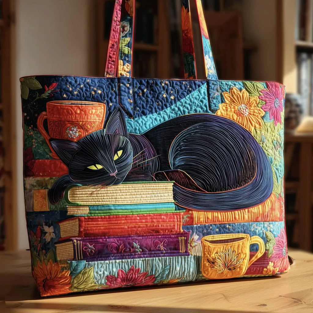 Zwarte kat met boeken en mokken — ambachtelijke gewatteerde tas