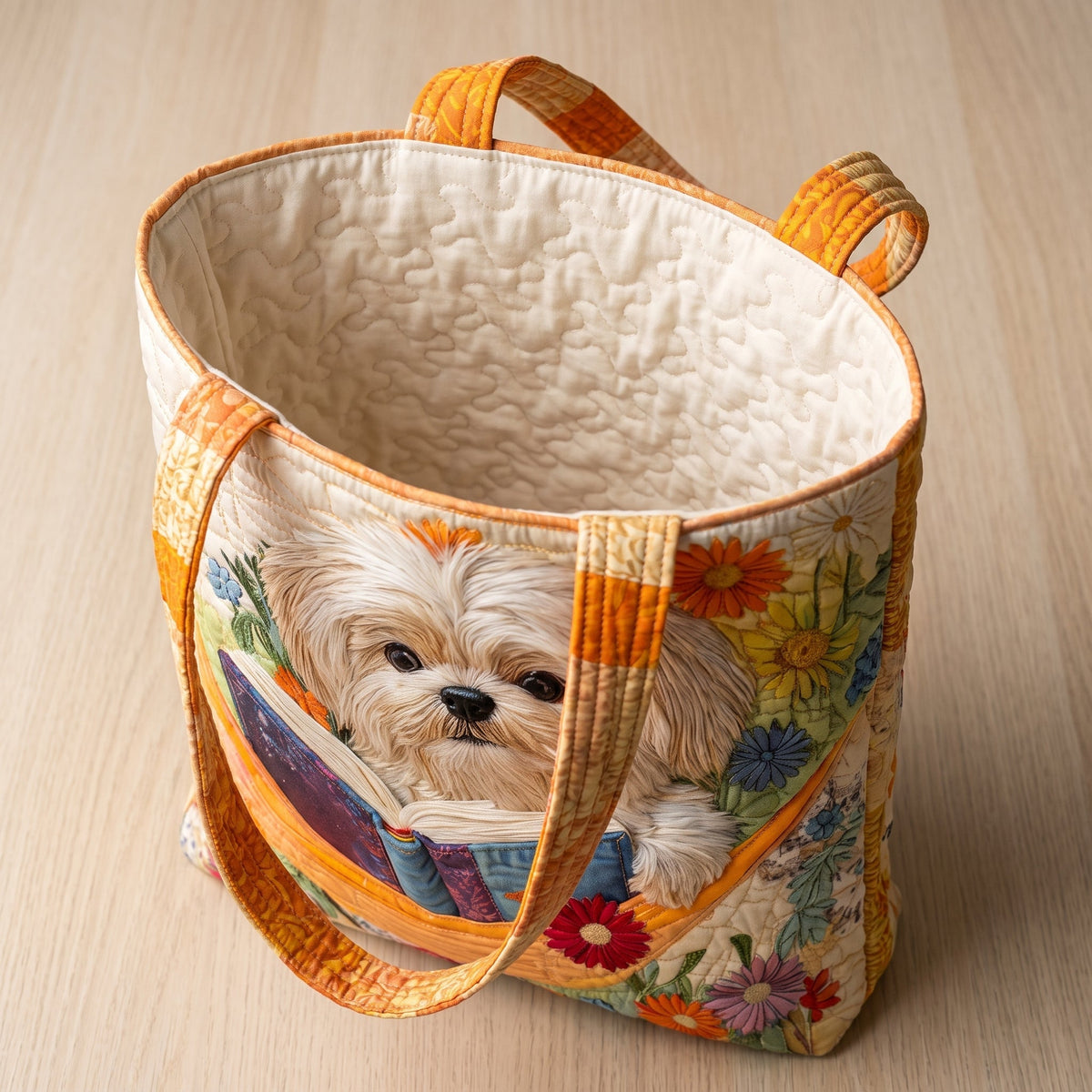 Shih tzu met boeken en bloemen — ambachtelijke gewatteerde tas