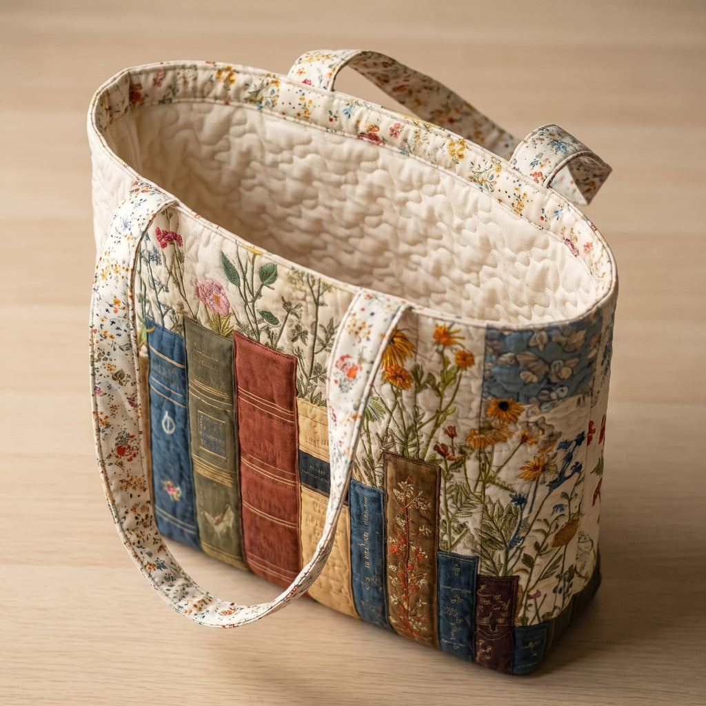 Boeken en bloemen — ambachtelijke gewatteerde tas