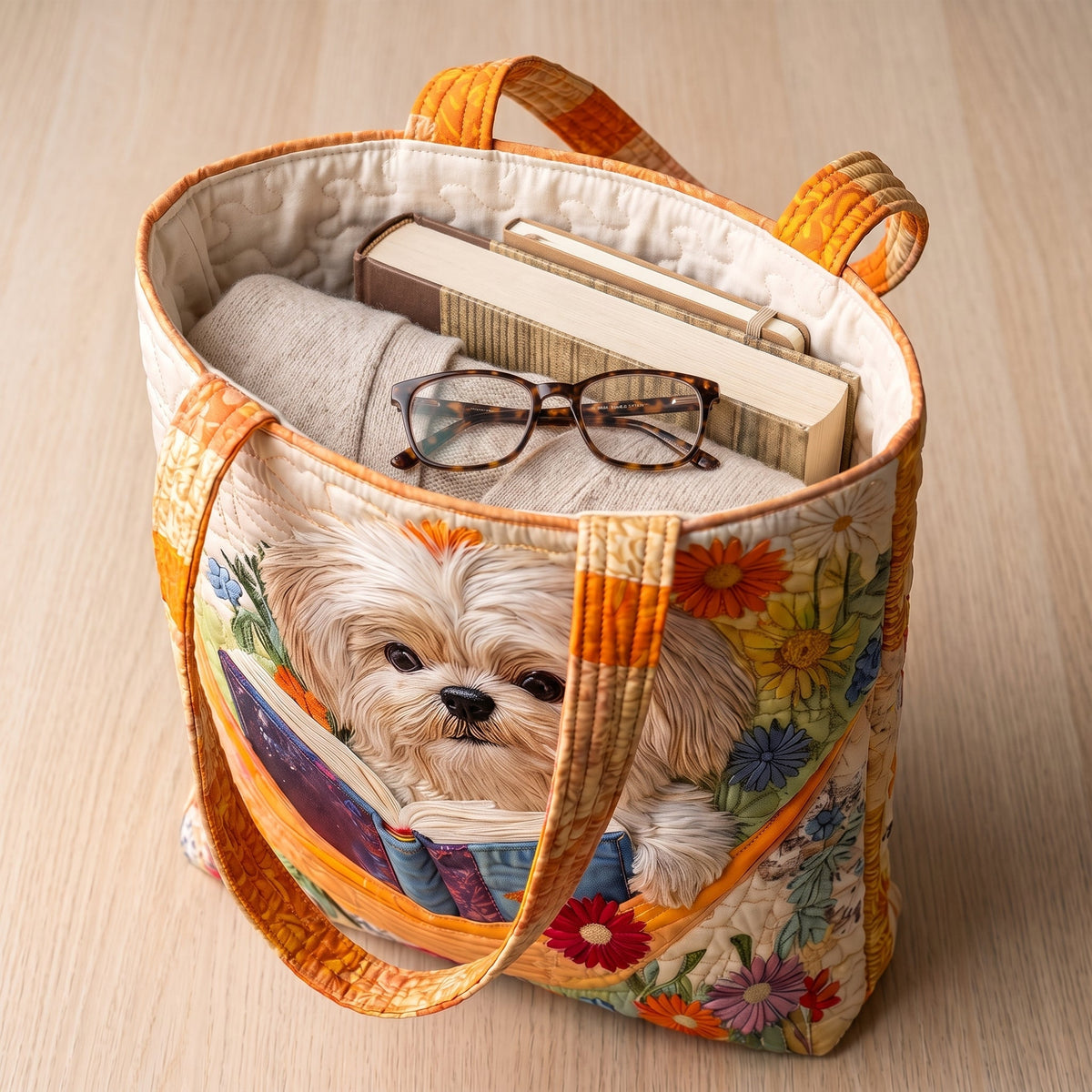 Shih tzu met boeken en bloemen — ambachtelijke gewatteerde tas