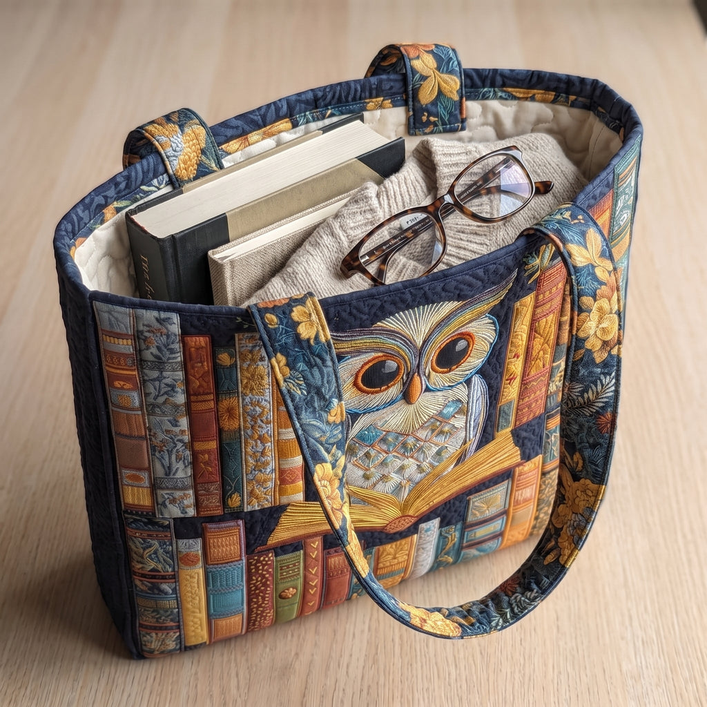 Uil met vintage boeken — ambachtelijke gewatteerde tas