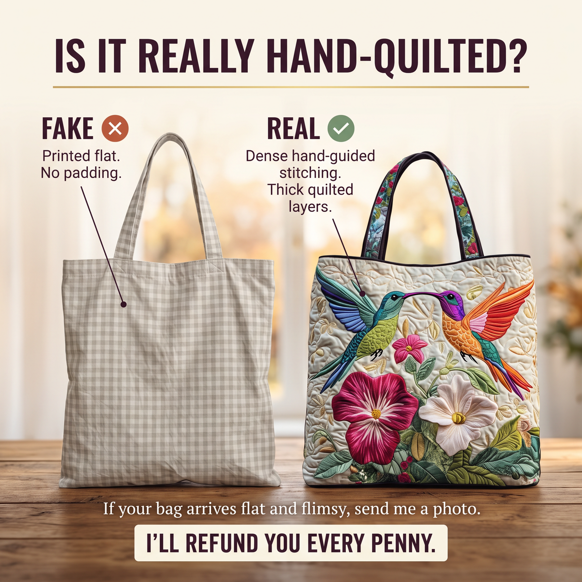 Kolibrie en witte bloemen — ambachtelijke gewatteerde tas