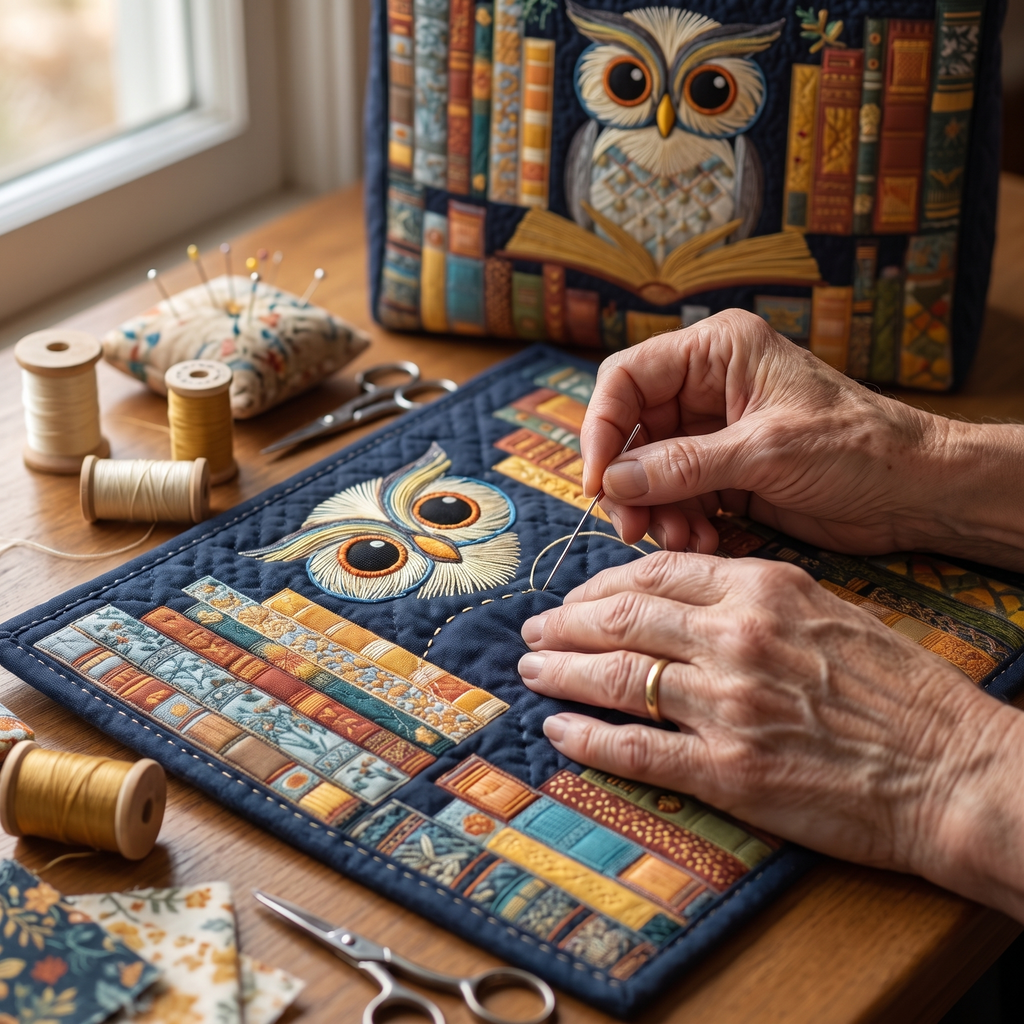 Uil met vintage boeken — ambachtelijke gewatteerde tas