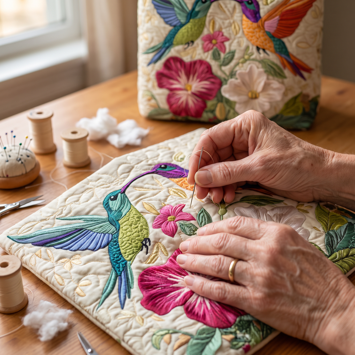 Kolibrie en witte bloemen — ambachtelijke gewatteerde tas