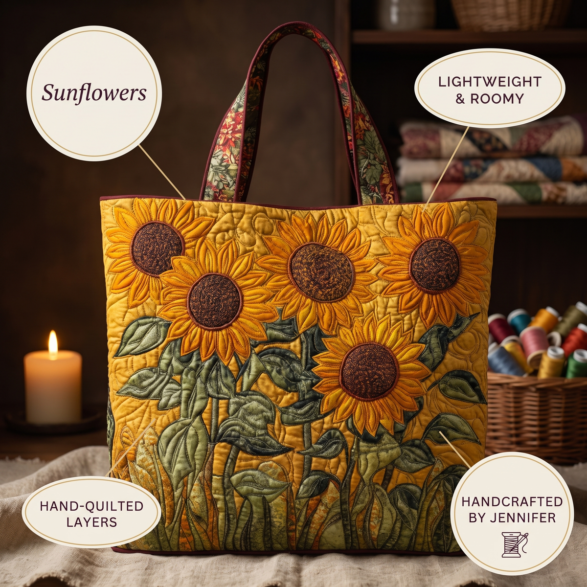 Zonnebloemen — ambachtelijke gewatteerde tas