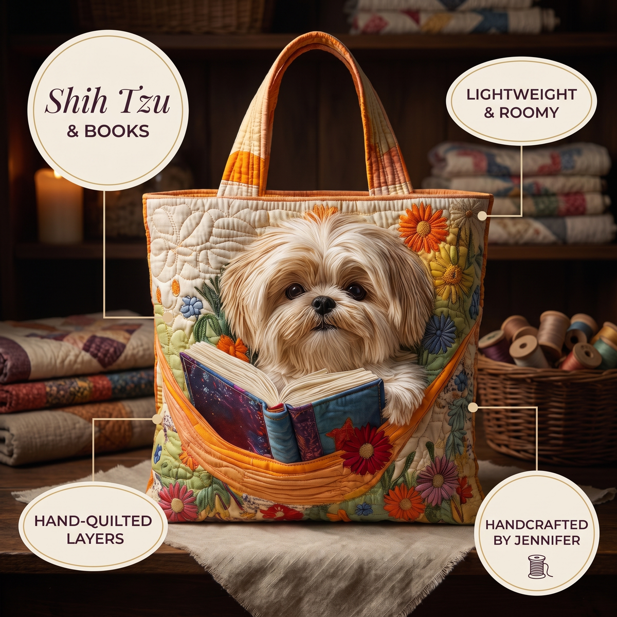 Shih tzu met boeken en bloemen — ambachtelijke gewatteerde tas