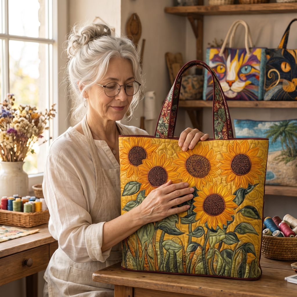Zonnebloemen — ambachtelijke gewatteerde tas