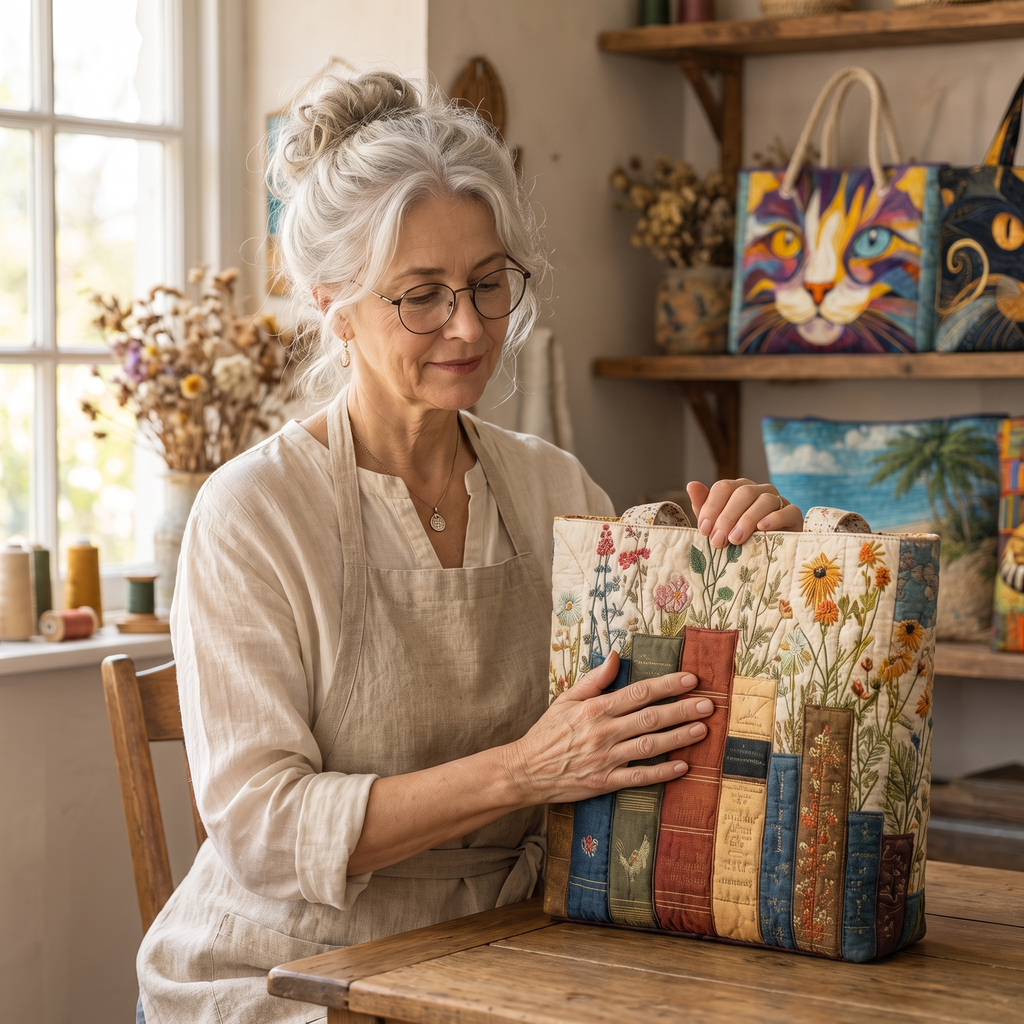 Boeken en bloemen — ambachtelijke gewatteerde tas