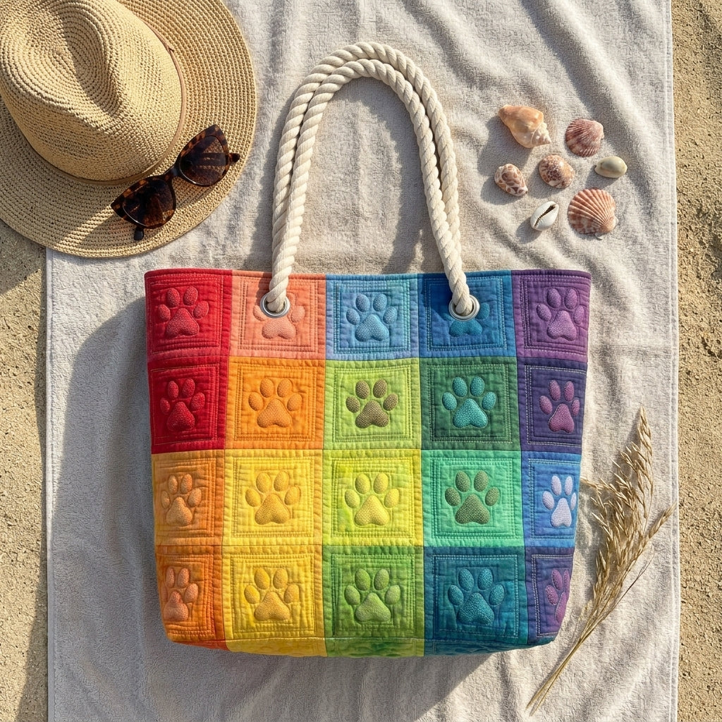 Lappendeken met pootafdrukken — ambachtelijke gewatteerde strandtas