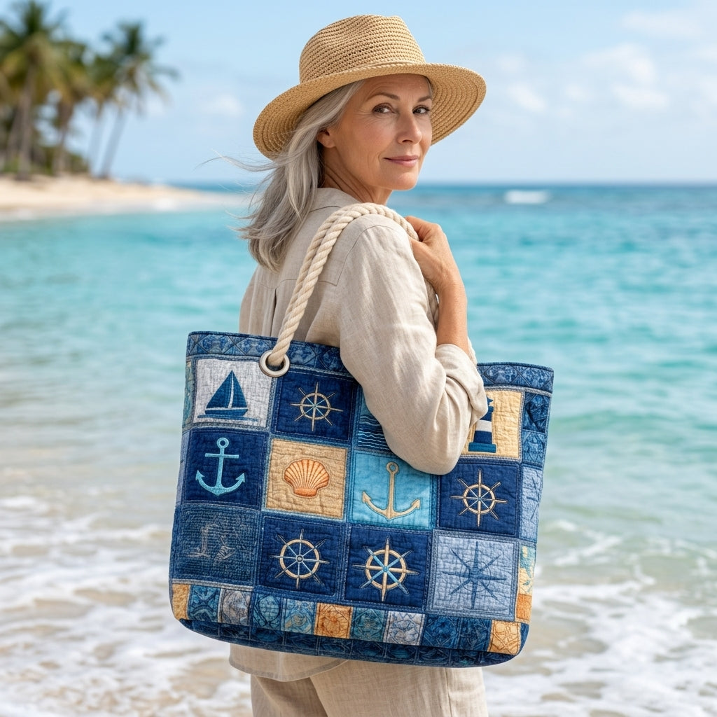 Maritiem blauw — ambachtelijke gewatteerde strandtas