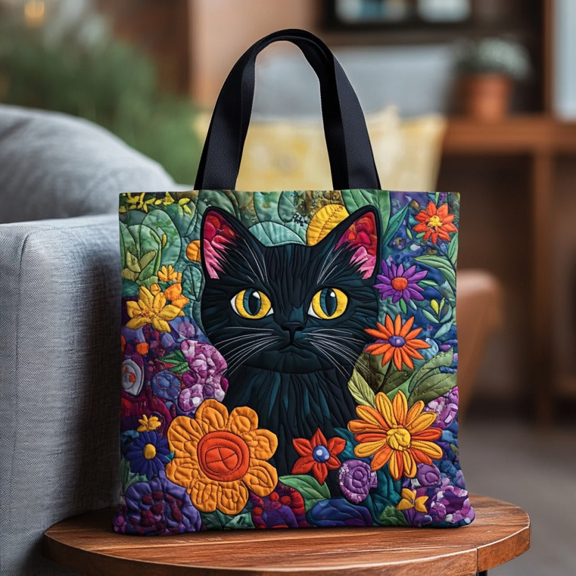 Zwarte kat met bloemen — gewatteerde shopper