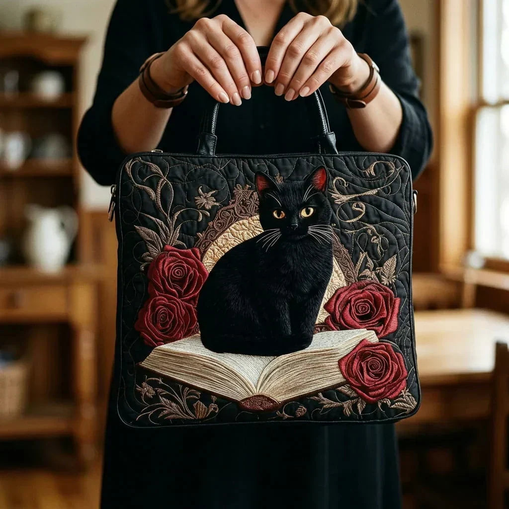 Zwarte kat op boeken — ambachtelijke gewatteerde tas