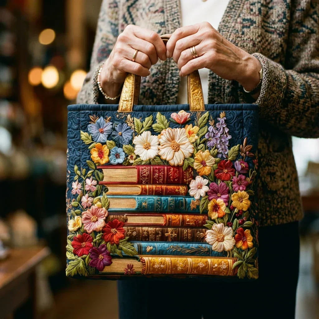 Bloemenprint en boeken — ambachtelijke gewatteerde tas
