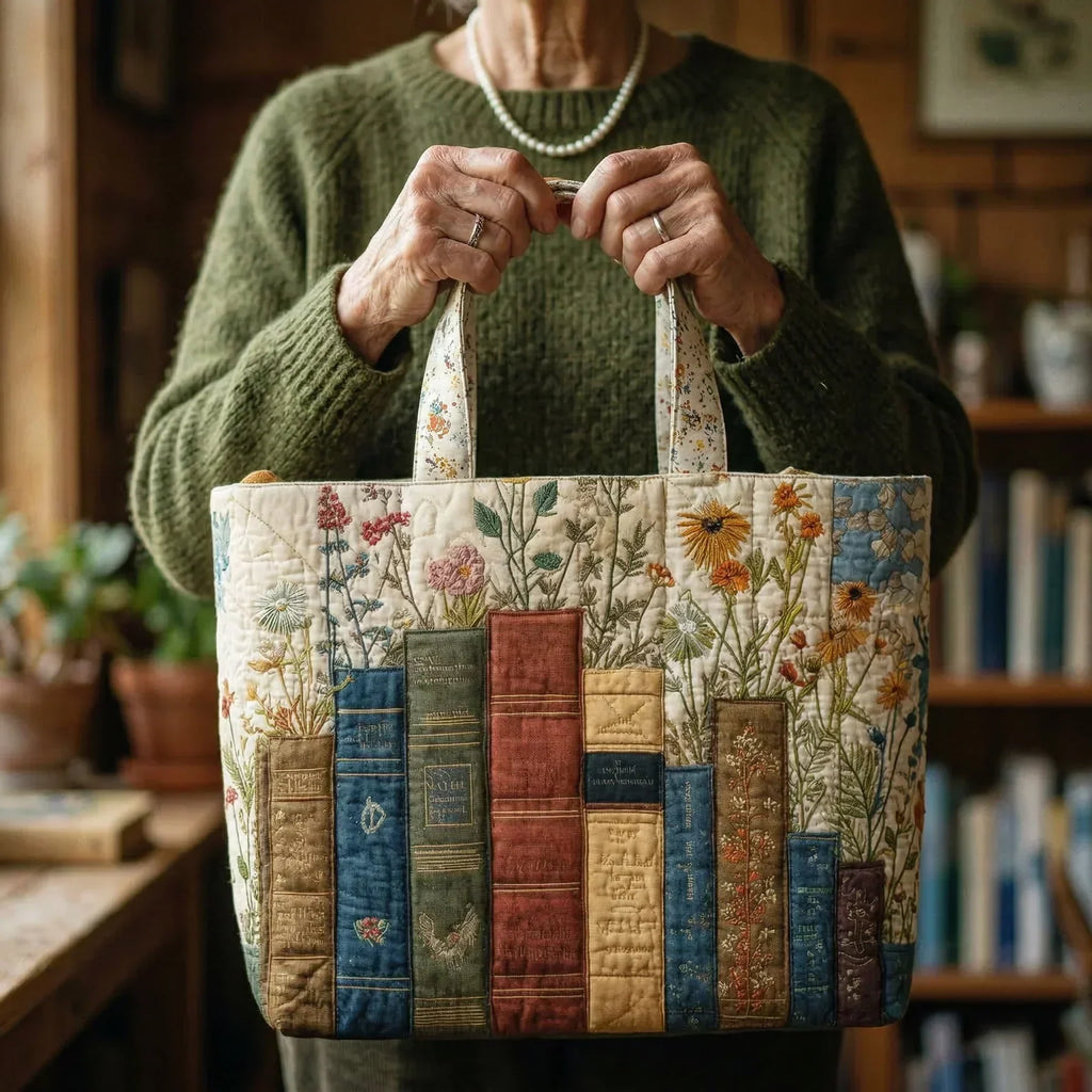 Boeken en bloemen — ambachtelijke gewatteerde tas