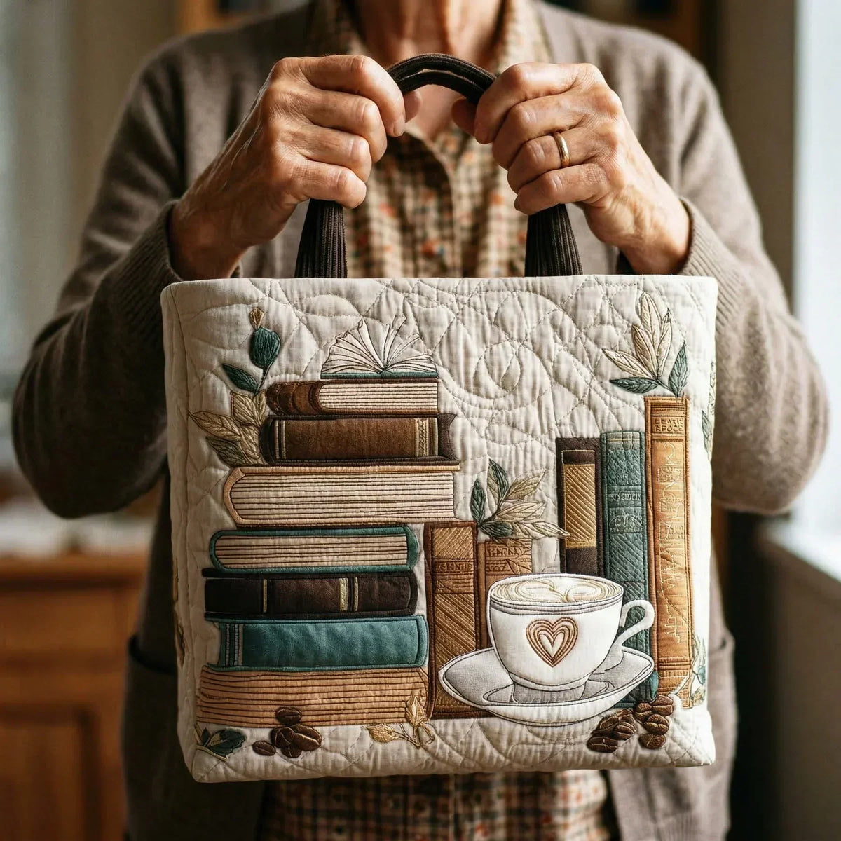 Koffie en een hoofdstuk — ambachtelijke gewatteerde tas