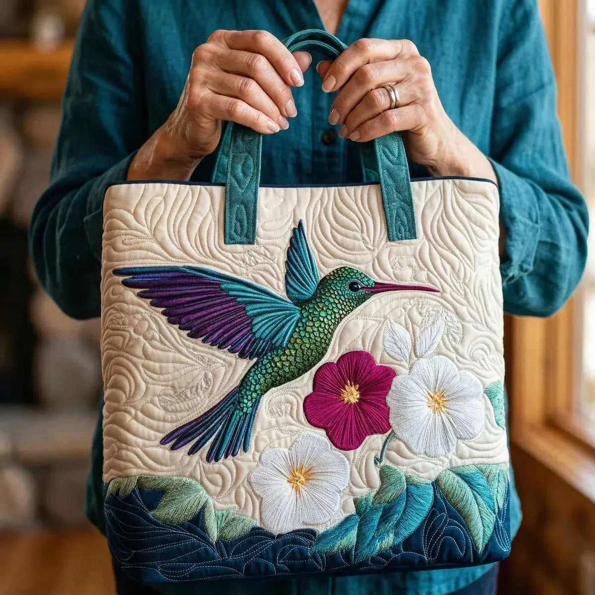 Kolibrie en witte bloem — ambachtelijke gewatteerde tas
