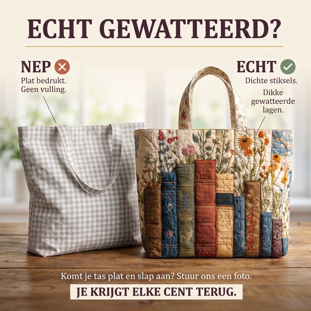 boeken en bloemen ambachtelijke gewatteerde tas