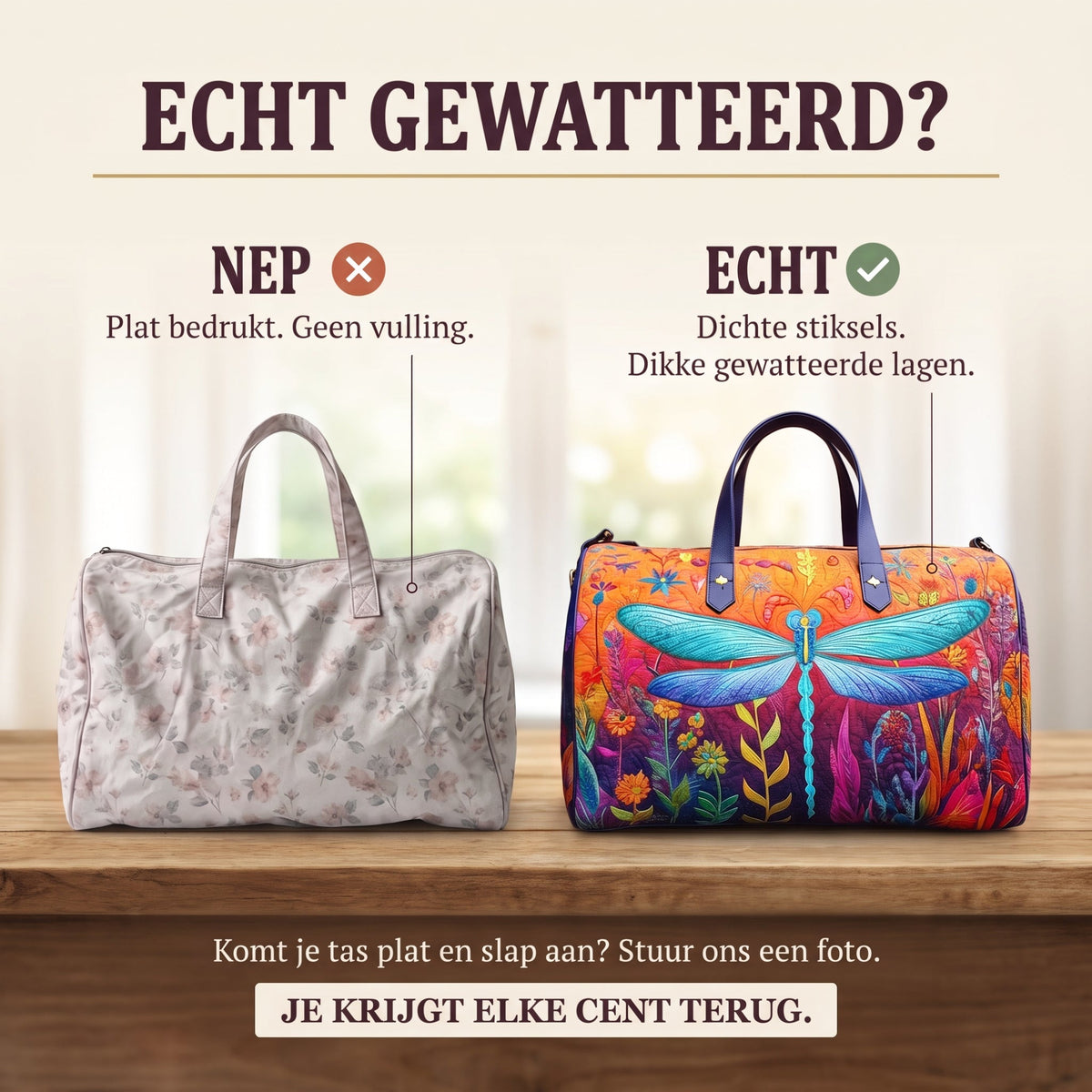 fladderen en vliegen gewatteerde weekendtas