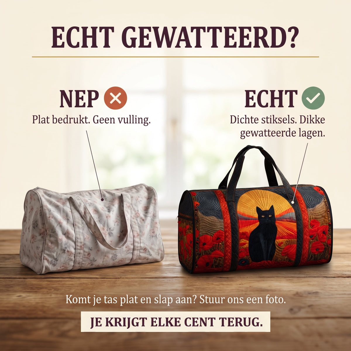 kat bij zonsondergang gewatteerde weekendtas