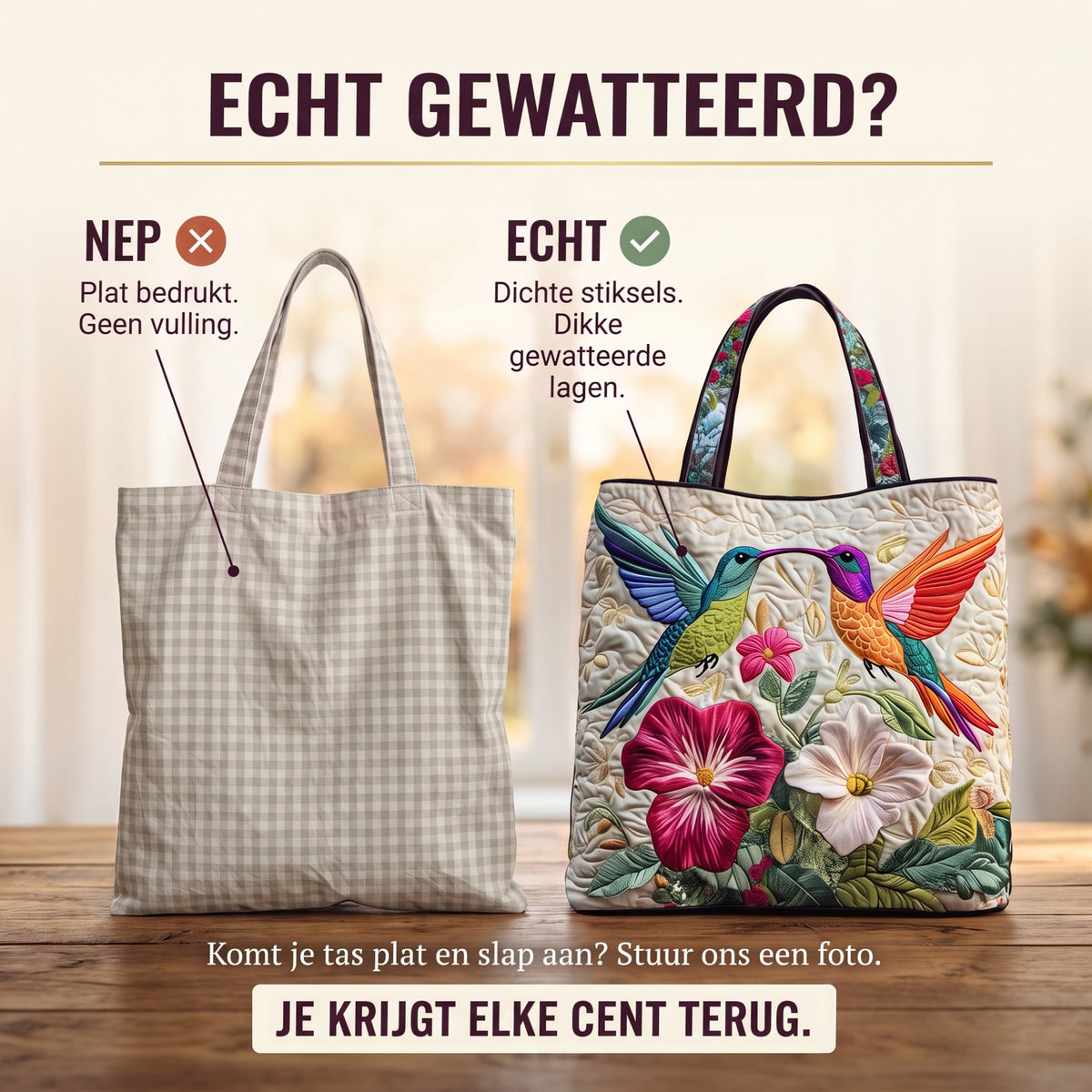 kolibrie en witte bloemen ambachtelijke gewatteerde tas