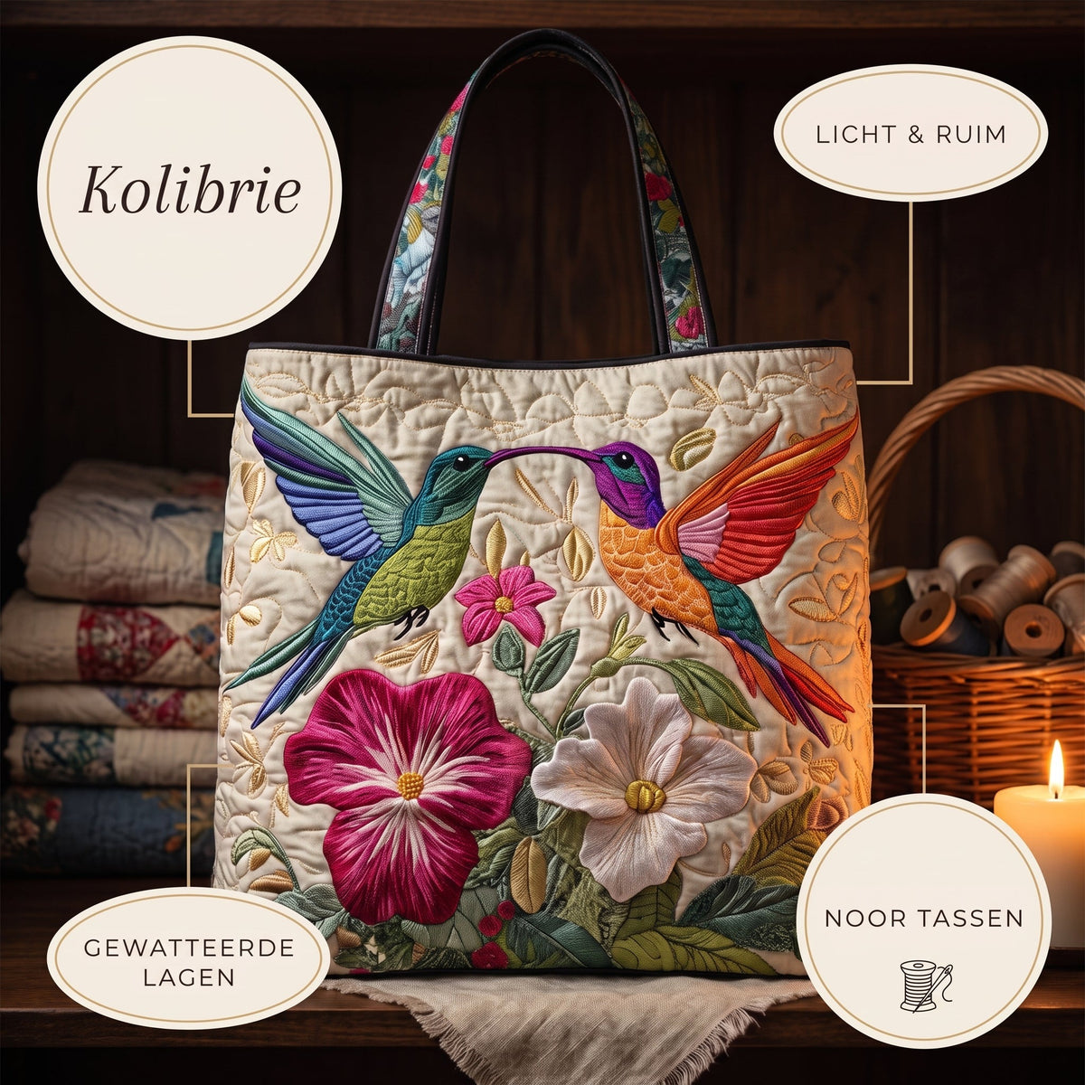 kolibrie en witte bloemen ambachtelijke gewatteerde tas