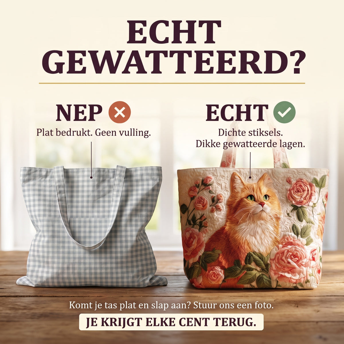 rode kat met rozen ambachtelijke gewatteerde tas