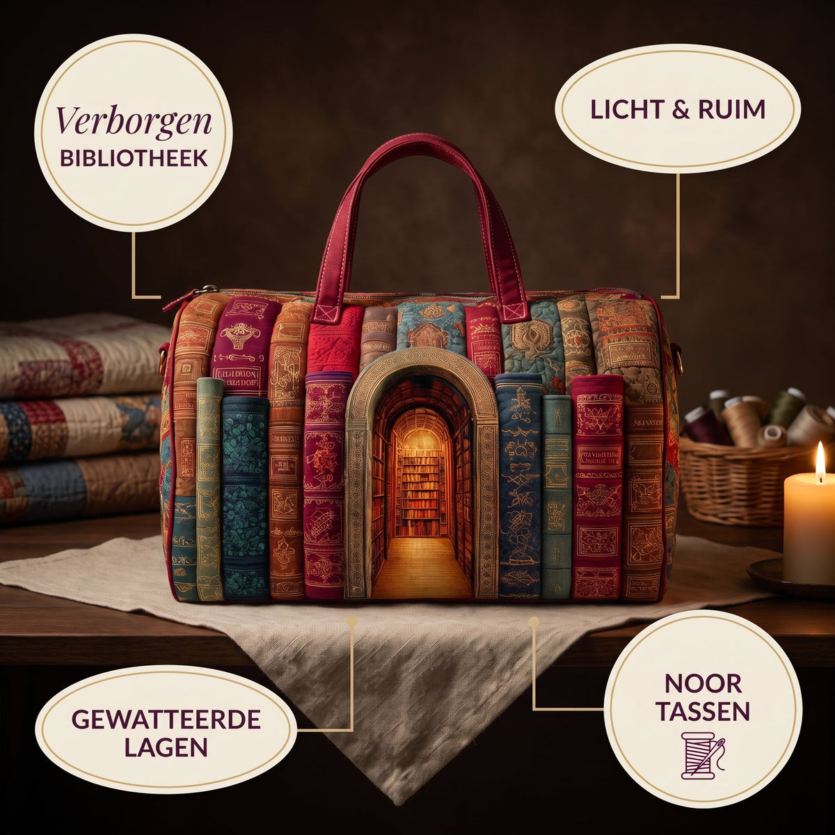 verborgen bibliotheek gewatteerde weekendtas