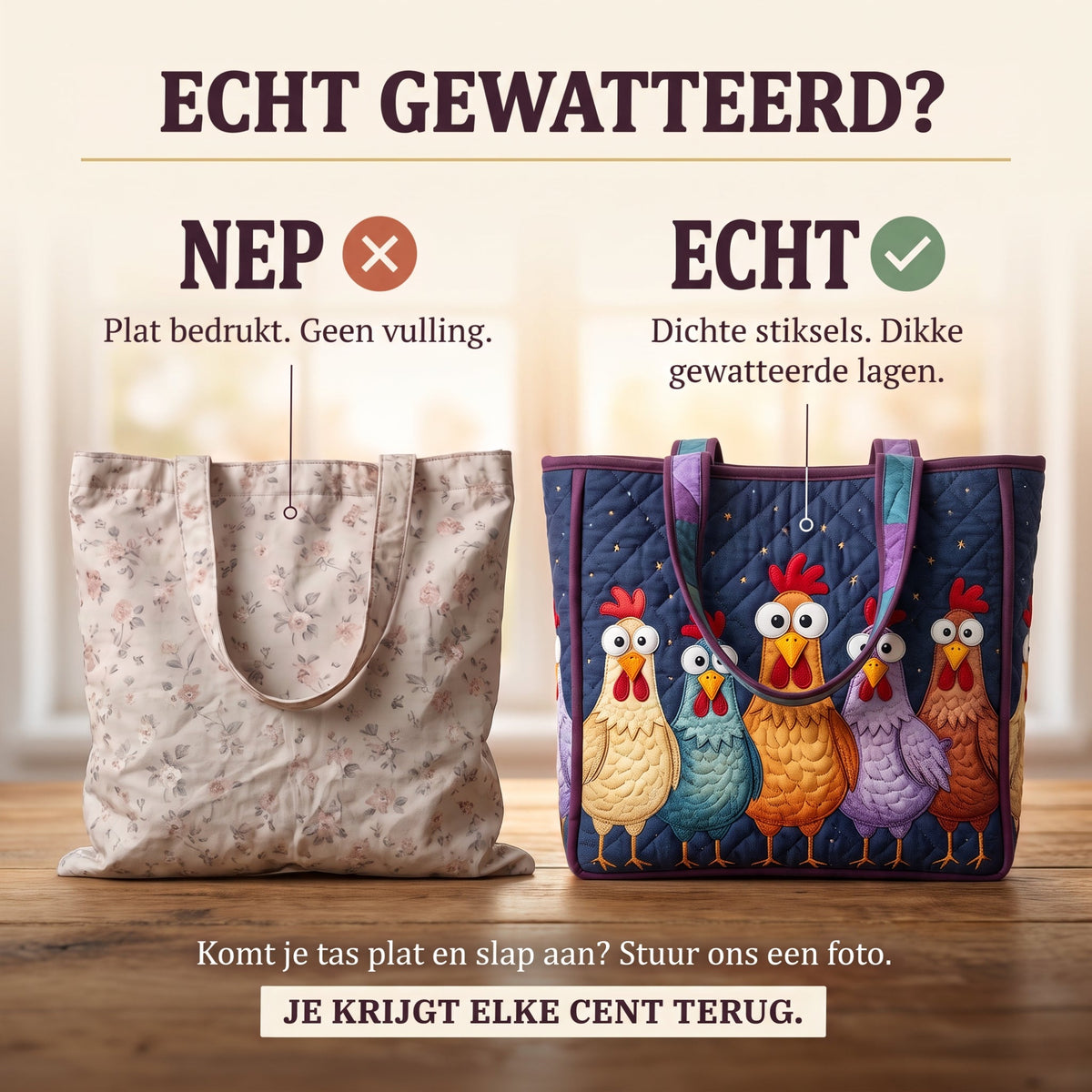 vijf kleurrijke kippen ambachtelijke gewatteerde tas
