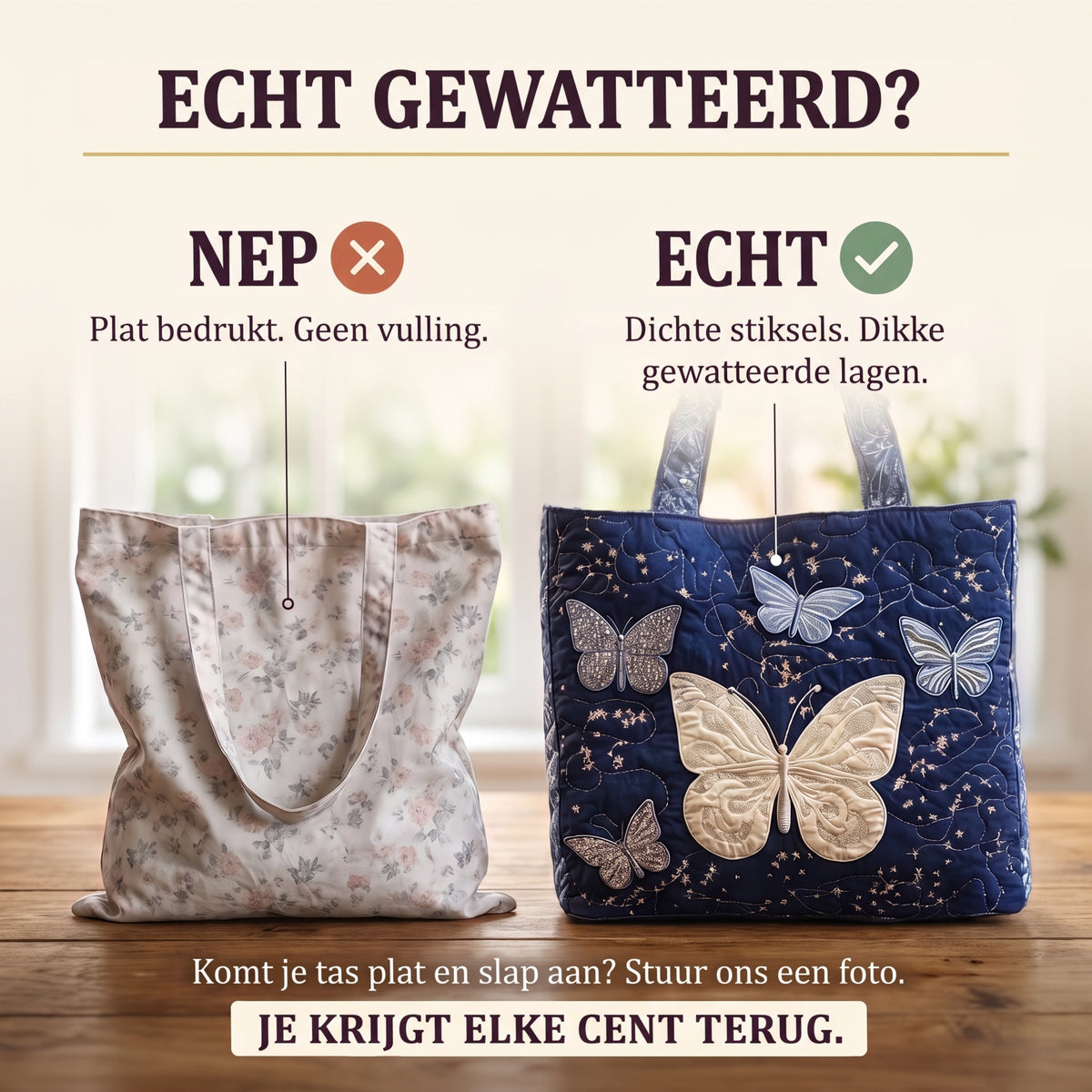 zilveren vlinder ambachtelijke gewatteerde tas